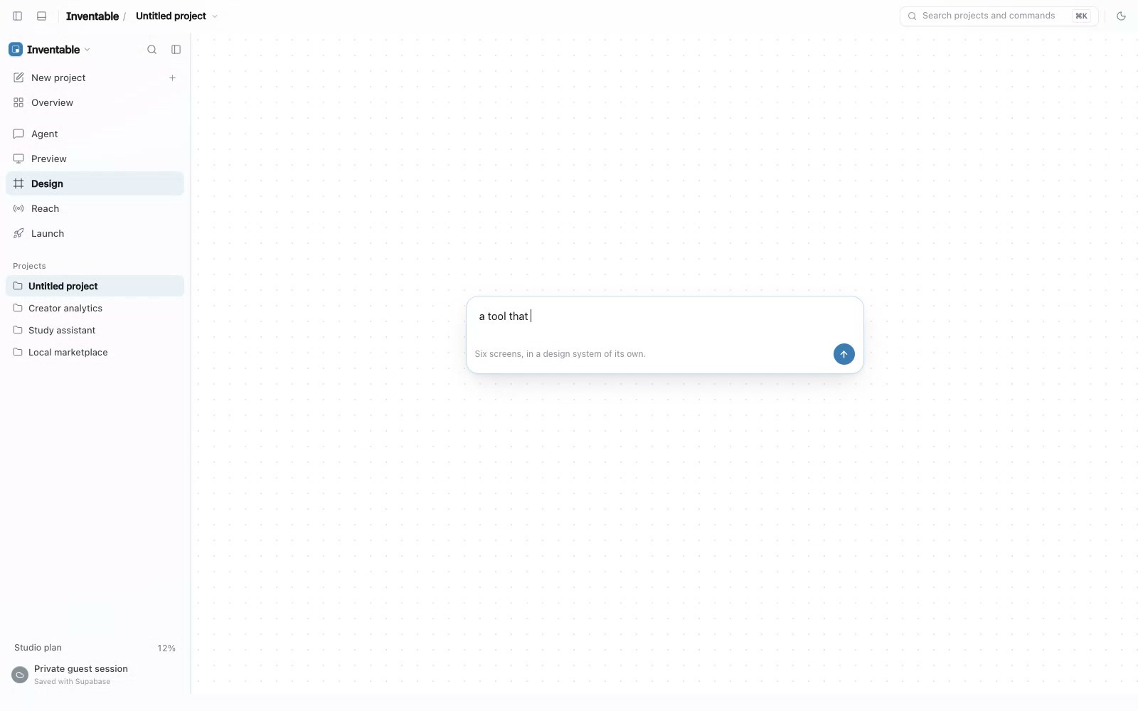 The Inventable design tab: an empty white canvas with a dot grid and a single rounded prompt box in the middle.