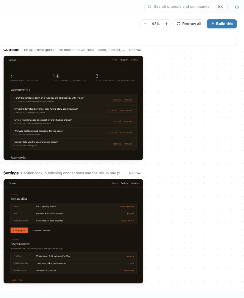 Two screens from the generated product: a list of scored moments from an episode, and a settings screen showing the show, plan and caption styling — both in the product's own dark serif design system.